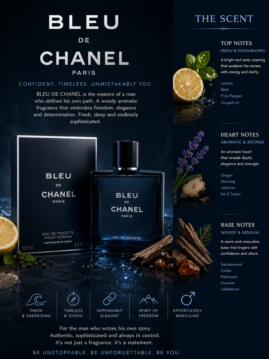 Bleu de Chanel Eau de Toilette bottle and box displayed on a dark reflective surface with fragrance notes, citrus slices, lavender, cinnamon, and icons explaining the scent profile.