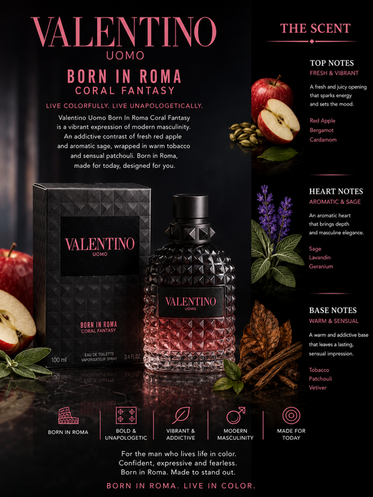 Valentino Uomo Born in Roma fragrance bottle and box on a dark promotional background with scent notes, fruit, flowers, and spices. The product is a faceted dark bottle with a pink-to-red gradient liquid and matching black packaging.